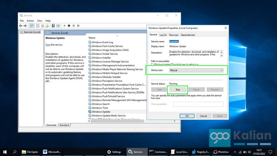 cara mematikan windows 10 update services msc