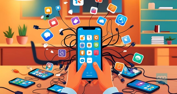 Ilustrasi digital decluttering, beres-beres teknologi di desktop dan ponsel